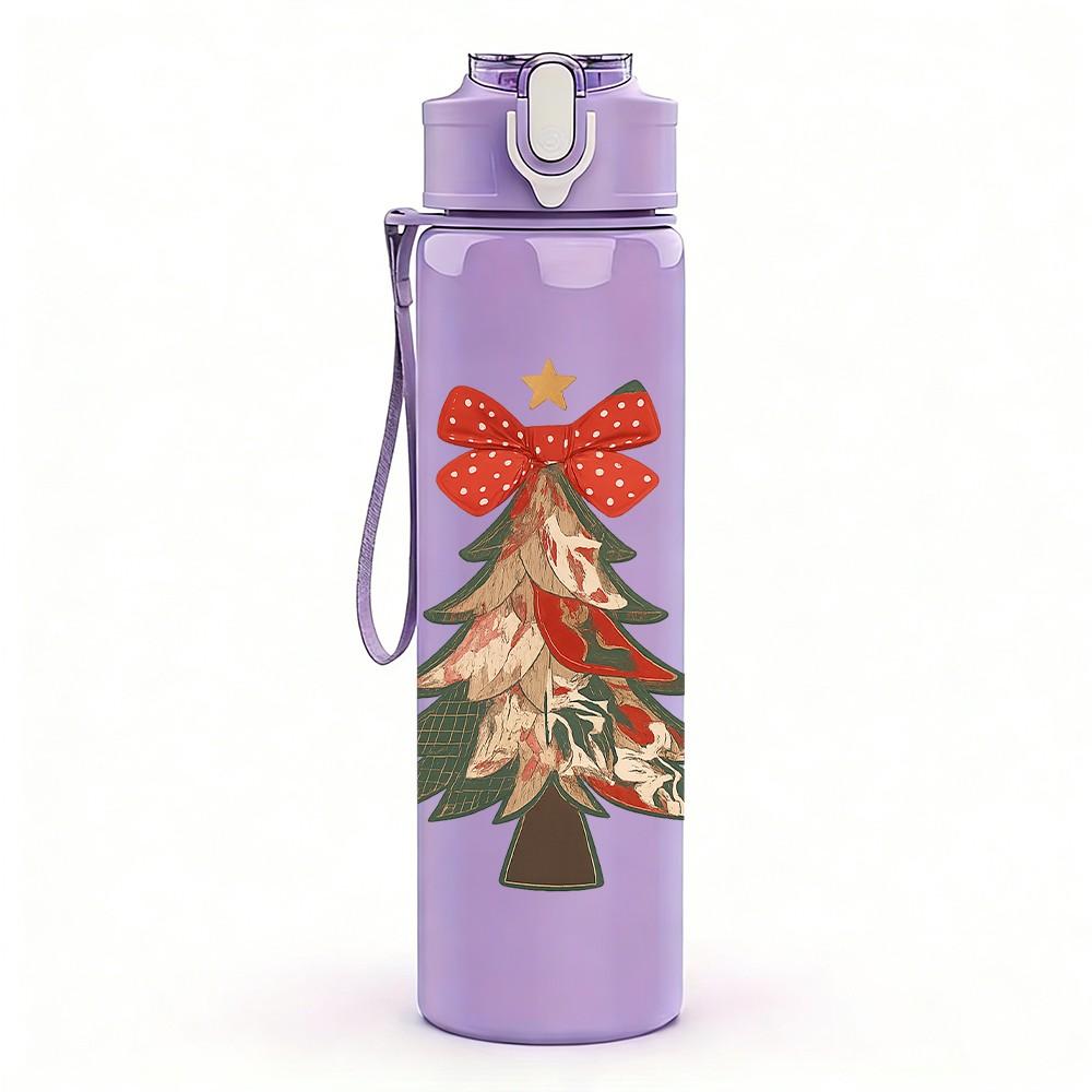 1PC Classic Christmas Tree Bow 750ml Color Plastic Sports Water Bottle Leakproof Flip Straw Lid Suitable for Sports Office Home Use