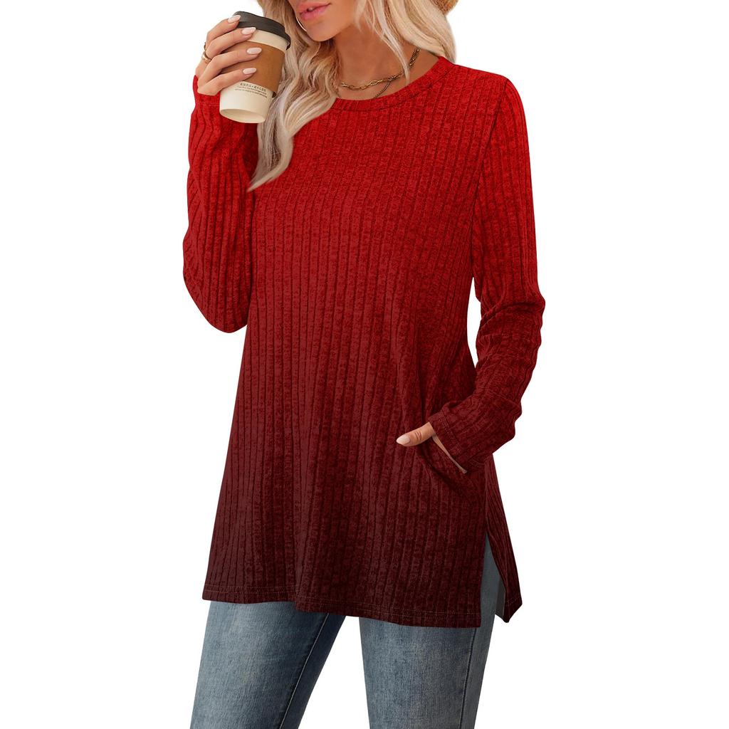 Women's Gradient Printed Round-neck Long-sleeved Top With Pockets And Side Slits