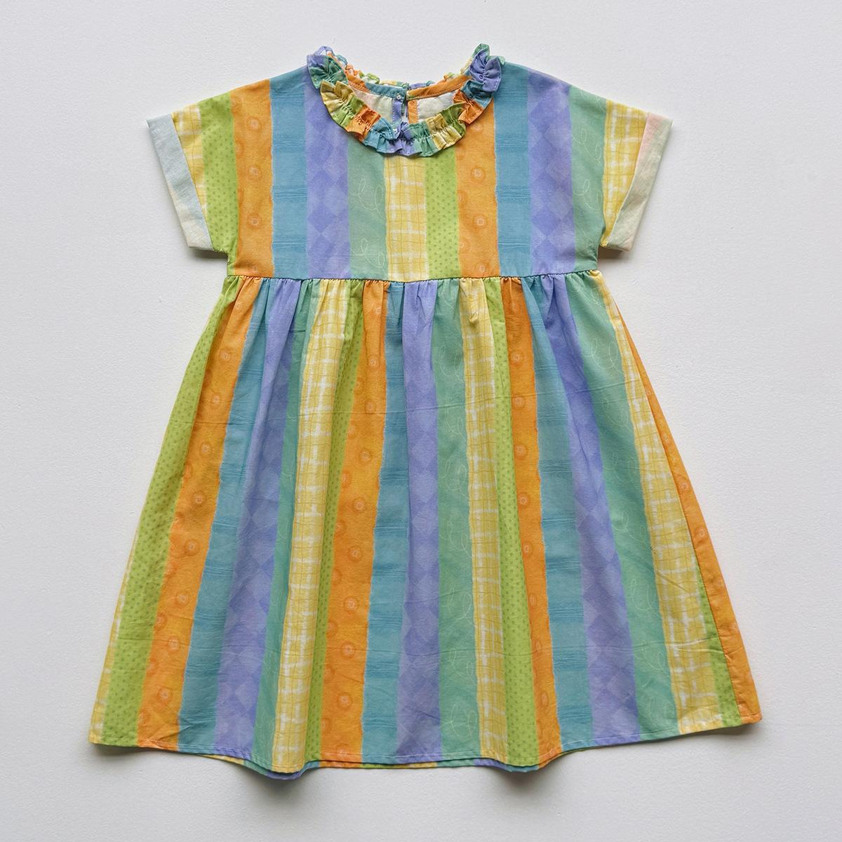 Summer Mori Girls Cotton Dress Round Neck Floral Print Ruffle Hem Loose Short Sleeve Casual Sundress For Kids 90cm