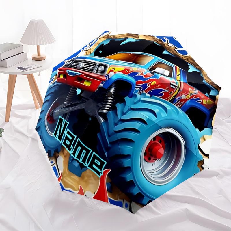 1pz Camioncino Mostro Avventura Nome Personalizzato Ombrello Pieghevole Automatico, Plastica e Ferro Resistenti, Leggero per Uso Esterno Quotidiano S1230067