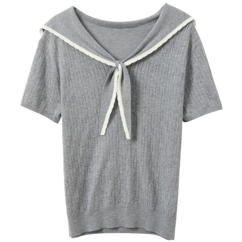Women s Plus Size Cable Knit Short Sleeve Navy Collar Top M
