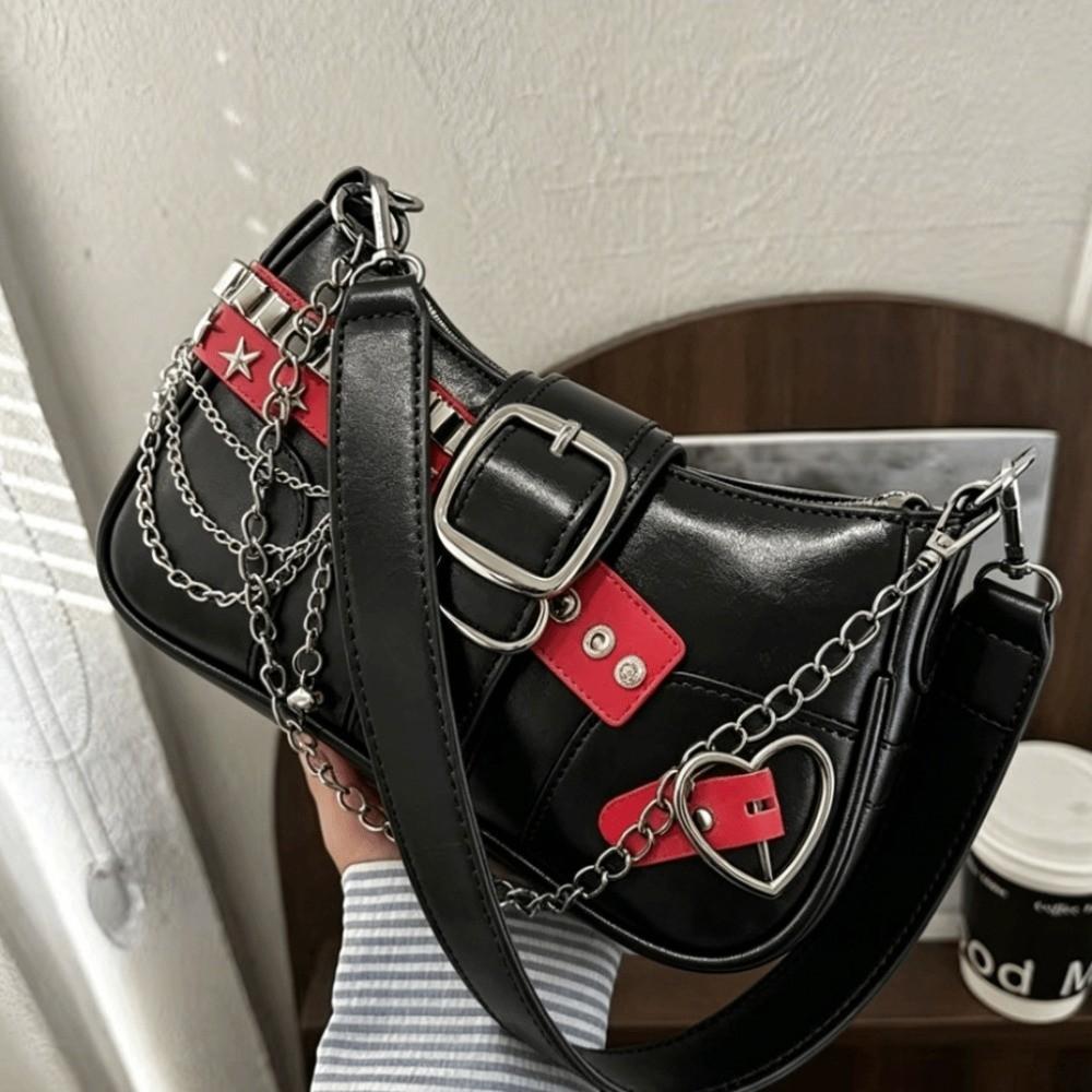 Punk Shoulder Bag Black Red Decor French Stick Handbag Fashion Star Rivet Underarm Bag  Daily
