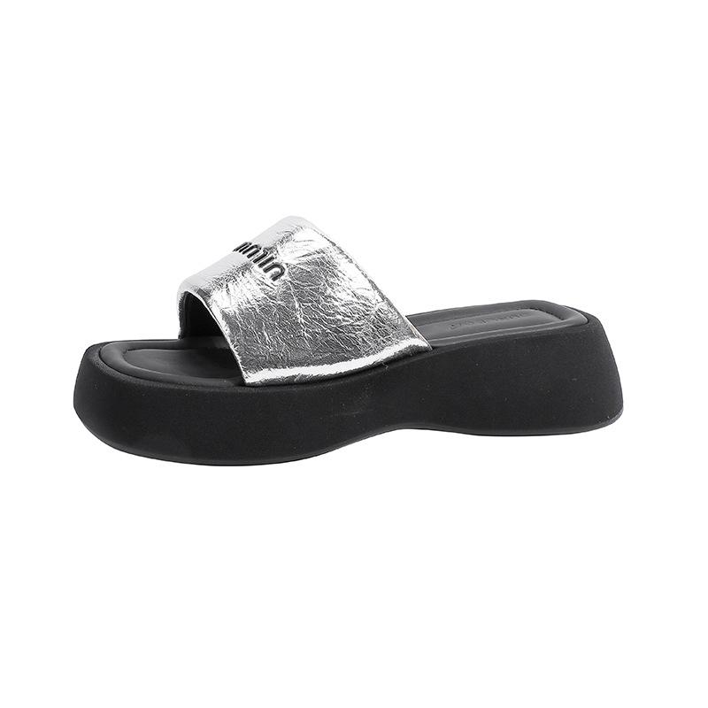 [] Muffin Thick Bottom Heightening One-word Slippers Women Wear New Summer Beach Sandals