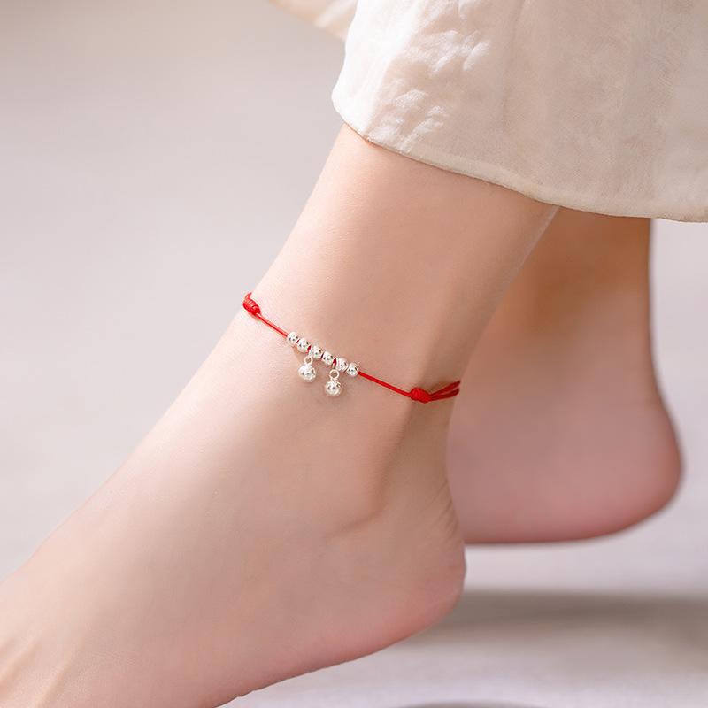 Bell Anklet for Women, Red String with Bells That Make a Sound, Water Tone, Sexy and Simple, Silver, Ancient Style, Student Style, Handmade Weaving