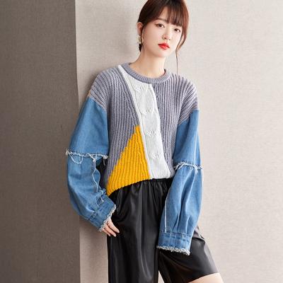 Kadın Sonbahar ve Kış Kıyafeti için Denim Patchwork ile Gevşek Örme Kazak