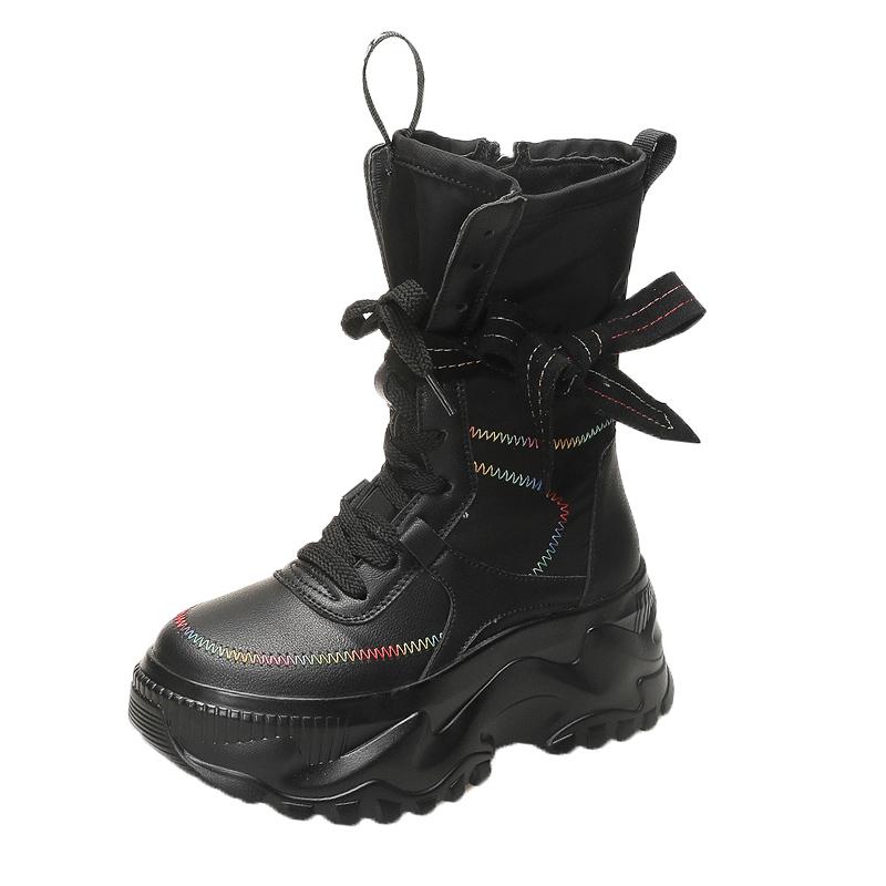 Fashion 8CM Women Chunky Mid-Calf Boots New Autumn Canvas High Platform Round Toe Ladies Shoes Tie Motorcycle Boots Winter Sneakers