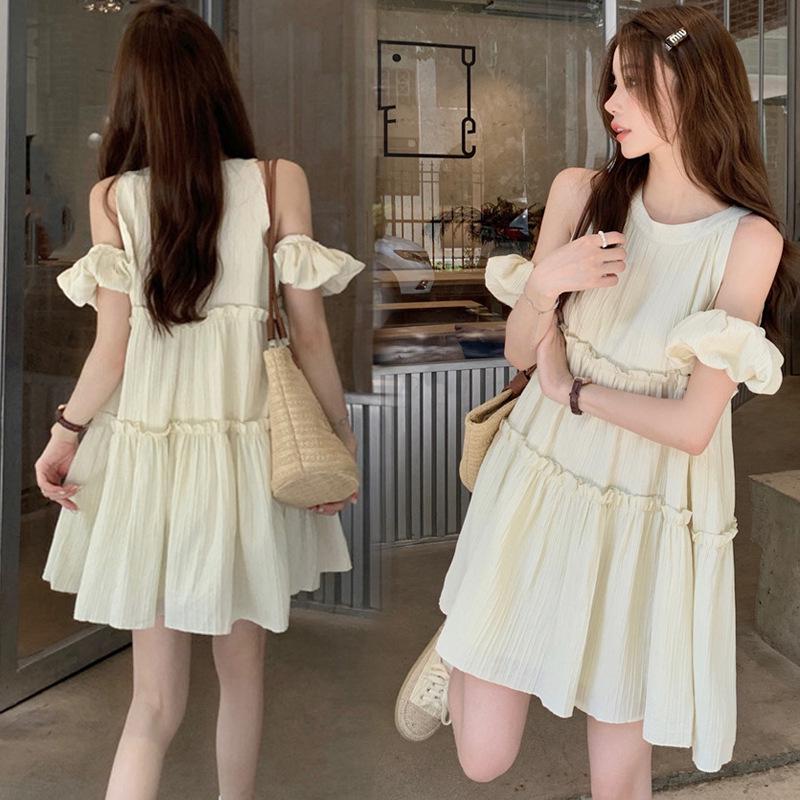 Maternity Off-Shoulder Mid-Length Fairy Dress – Gentle Summer Style, Conceals Belly, Perfect for Moms Not Showing Pregnancy