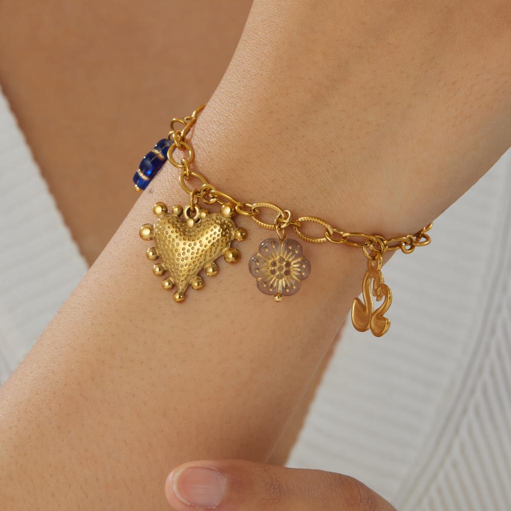 DIEYURO 316L Stainless Steel Golden Heart Charm With Enamel Flower Bracelet For Women New Fashion Trend Hand Chain Jewelry