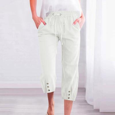 Women Cropped Pants Elastic Waist Adjustable Drawstring Casual Trousers with Pockets Sporty Loose Leg Design Mid-calf Pants