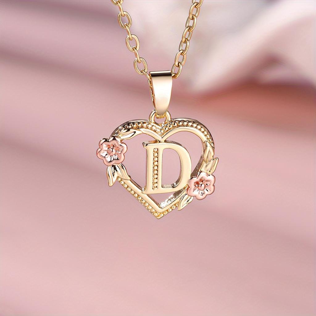 1 Pc Golden Color 26 English Letter Heart Necklace Rose Flower Pendant Wedding Band Jewelry Valentine's Day Gift