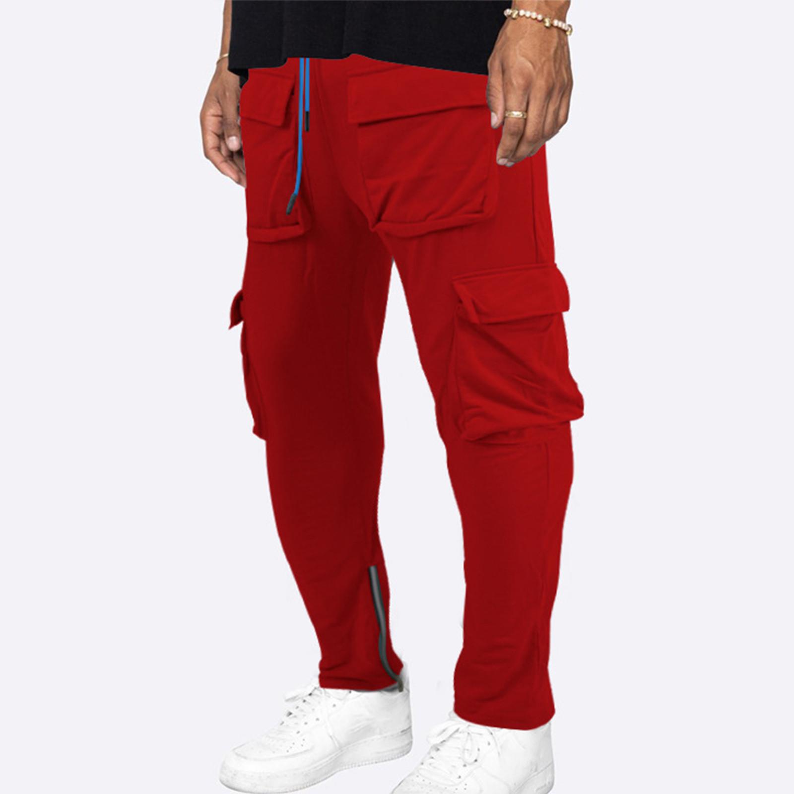 

(Отличный дом)Мужские комбинезоны, повседневные брюки с несколькими карманами и завязками, походные брюки, хлопковые саржевые брюки L красный