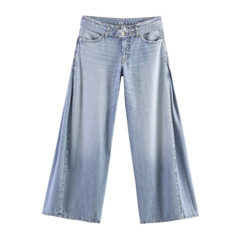 Womens Low-Rise Washed Denim Straight Wide-Leg