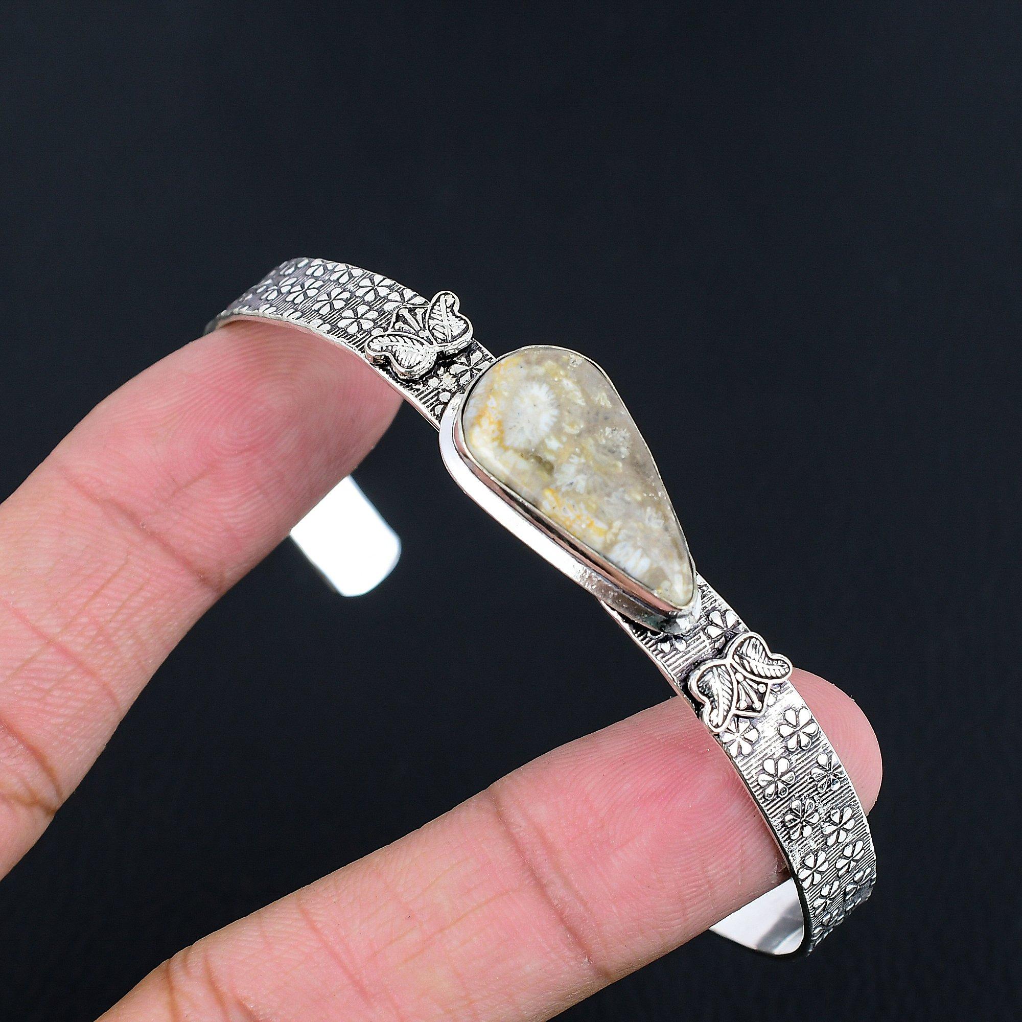 

Sterling Silver Pear Root Chakra Natural Fossil Coral Handcrafted Sister Bangle Adjustable