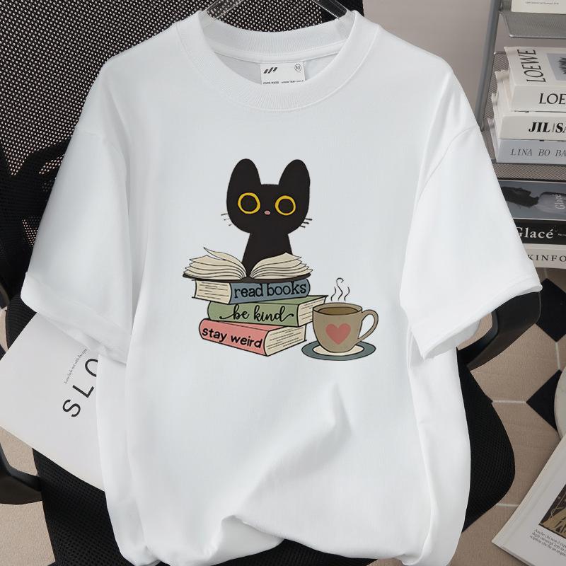 Trendiges Grenzüberschreitendes Katzen-Print-T-Shirt, 260g Reine Baumwolle, Kurzarm, Einfach 1002-45