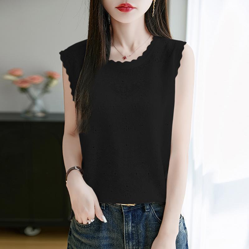 

Crew Neck Hollow Vest Women s Summer Fashion Versatile Foreign Style Knitted Bottoming Shirt Sleeveless Top XL чёрный