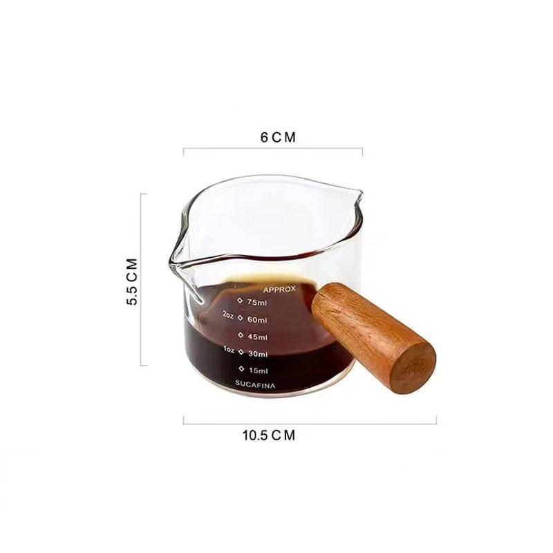 Glass Milk Cup Fine Espresso Small Glass Measuring Cup Single and Double Spout Coffee Milk Sauce Dispenser with Wooden Handle