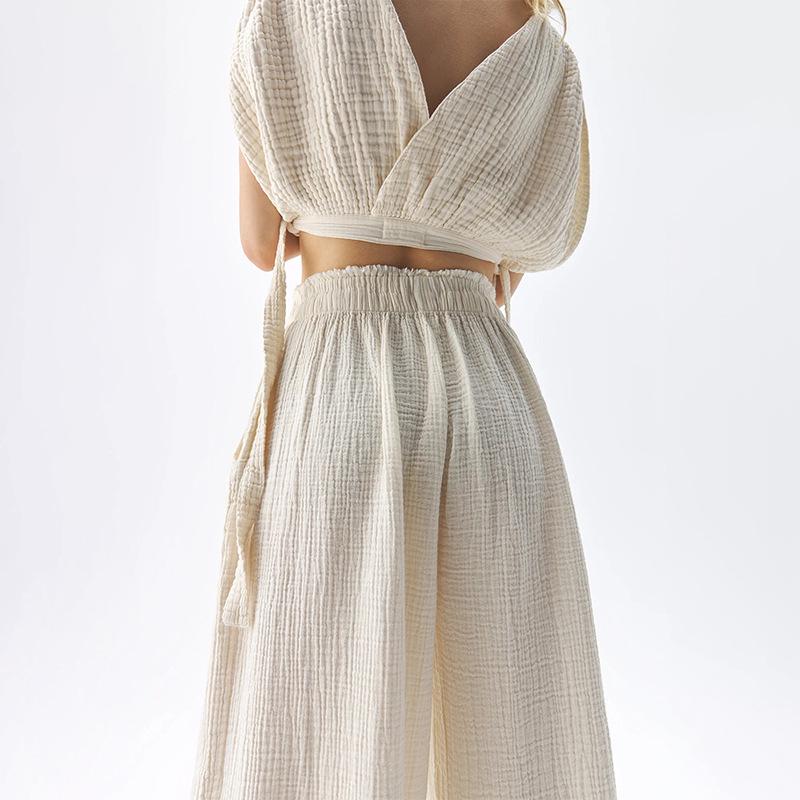 High-Waisted Wide-Leg Cotton Gauze Trousers with Loose Edge Design for Women