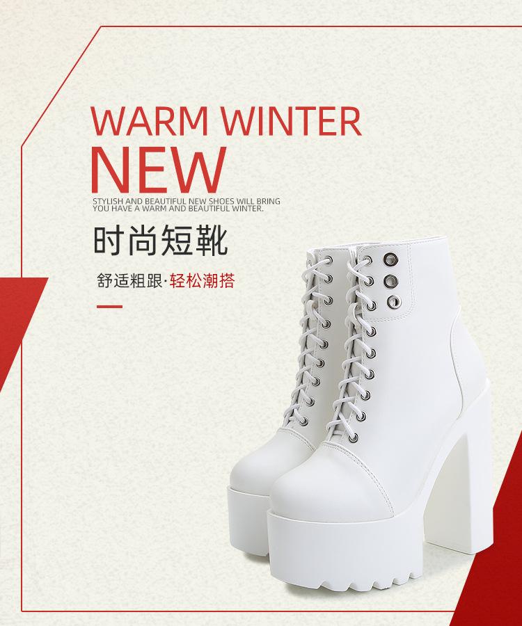 14CM Motorcycle Boots Women Leather Spring Autumn Metal Buckle High Heels Shoes Zipper Black Ankle Boots Woman Lacing