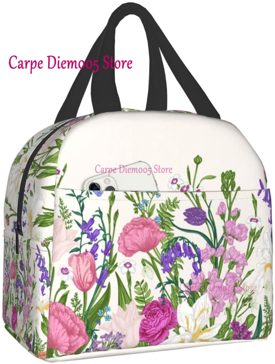 floral Lunch Box Travel Bag Reusable Insulated Cooler Lunch Bags Womens Mens Cute Picnic Tote Bag