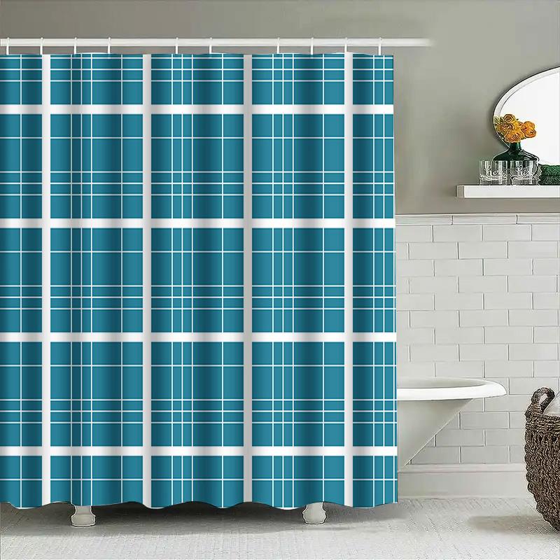 Blue Plaid Shower Curtain Waterproof Bath Mat Home Decor