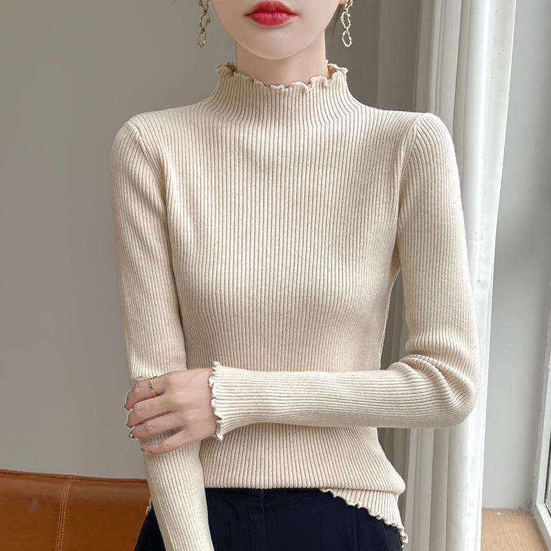 Women's Slim Sequin Knit Sweater with Lace Half-High Collar - Autumn/Winter Korean Style Pullover