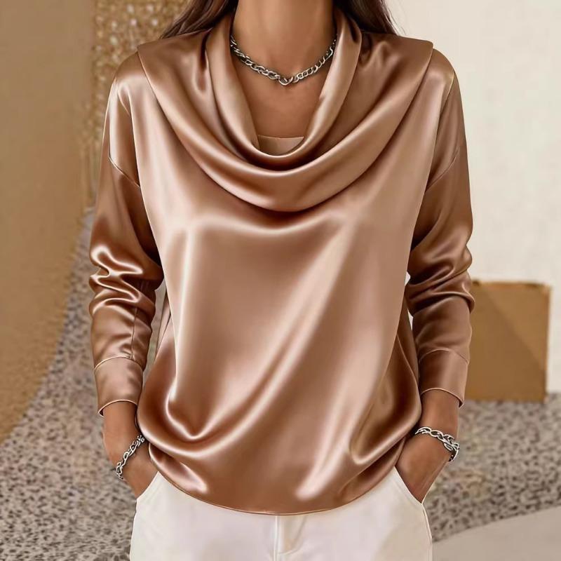 Women's Satin Cowl Neck Blouse Long Sleeve Casual Loose Fit Top