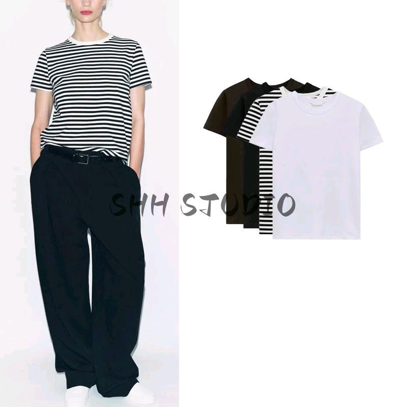 Spring New Women's Retro Versatile Multi-Color Double-Sided Cloth Slim-Fit Short-Sleeved round Neck T-shirt 4174378