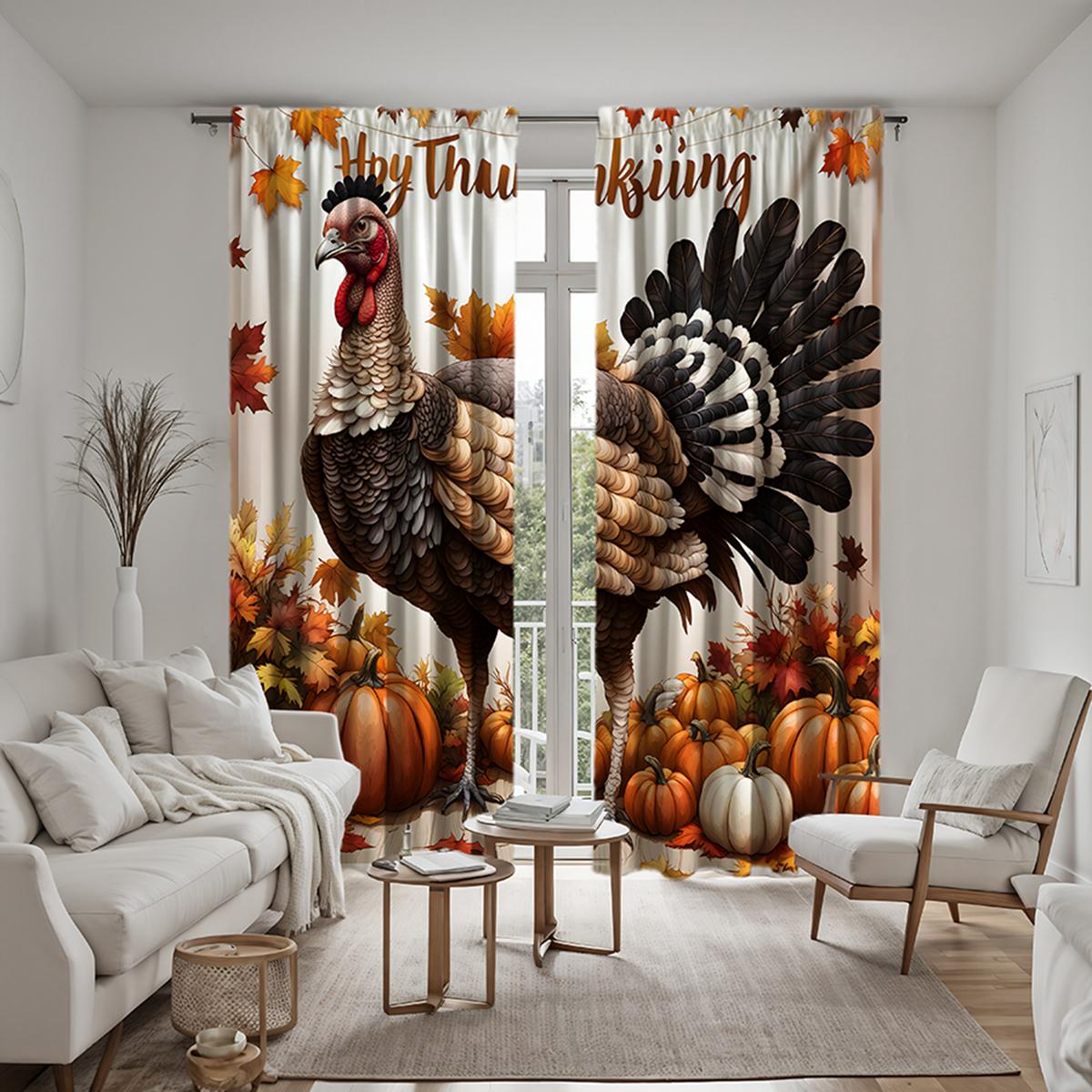 

Набор из 2 штук HD День Благодарения Индейка тыква Кленовый лист декоративная занавеска Желтая завязка занавеска с цифровой печатью Домашний декор стиль W52H63inchW132H160cm