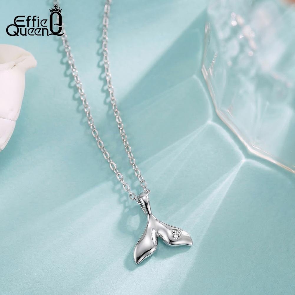 Effie Queen S925 Silver Fish Shape Shiny Zircon Charm Pendant Necklace Fashion Fishtail Chain Link Jewelry Party Gift SAPN64