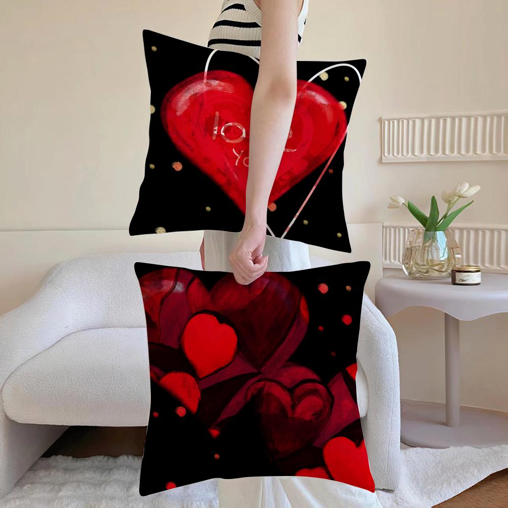 Valentine Red Heart Pillow Case Antidustmite Pillowcase Invisible Zipper Silky Short Plush Sofa Cushion Cover