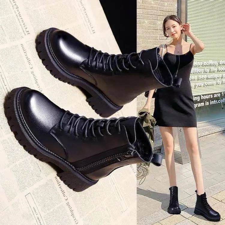 Autumn Winter Women's Mid Length Boots Black Anti Slip Footwear Laceup Boots Ladies Thick Heeled Casual Shoes