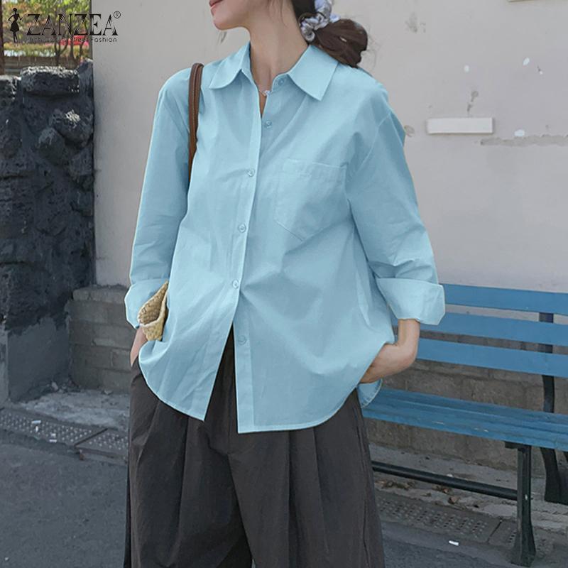 ZANZEA Women Casual Turn Down Collar Loose Long Sleeve Button Blouse