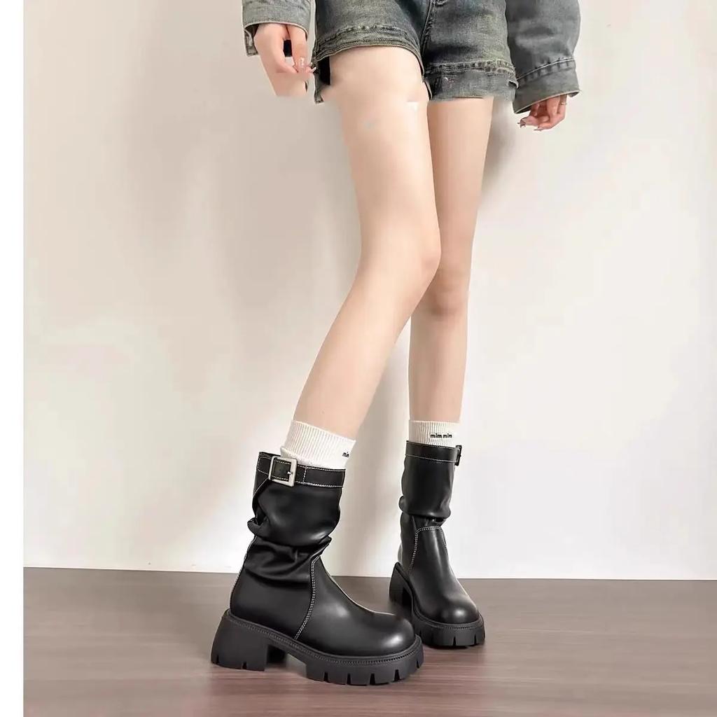 Mode Damen Mid-Calf Schuhe Runde Zehe Damen Halbstiefel Mittelhoher Absatz Leder Sale 2024 Neu Frühling Herbst Stiefel Goth Pu Hot in Rock