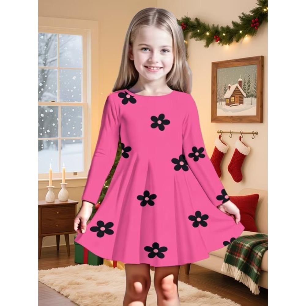 Mädchen Lässiges 3D-Blumenmuster Rundhals Langarmkleid Kinder Prinzessinnenkleid