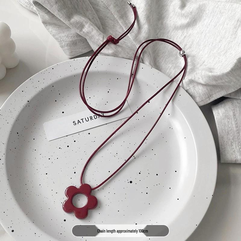 High-End Rose Flower Titanium Steel Necklace - Long Sweater Chain for Spring and Autumn