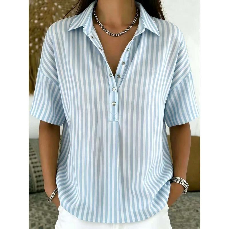 TIFICY Women's Fashion Casual Summer Spring Stripe Print Short Sleeve POLO Neck Blouses & Shirts
