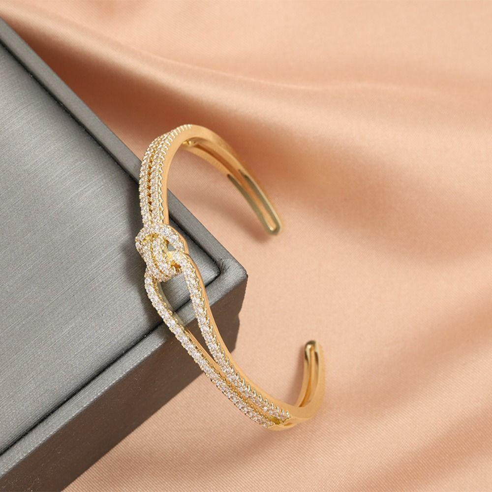 Crystal Knot Cuff Bangles Double Layer Rhinestone Bracelet Simple Cross Wide Open Bangle  Women