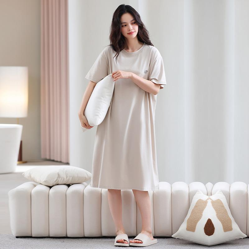 Pure cotton short-sleeved women's nightgown summer loose round neck large size 100 cotton sweet and cute loungewear can be worn outside