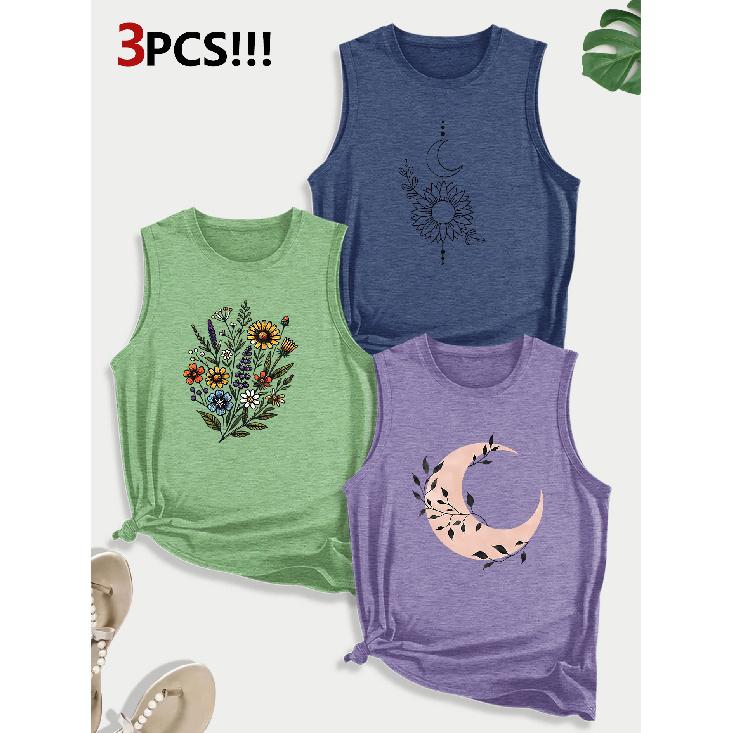Dog Lover Paw Print Combination Gift Printed Pattern Round Neck3Pack of Sleeveless Vests for Women In Spring, Summer, and Autumn