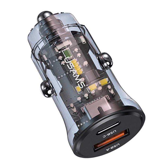 Chargeur De Voiture Type-C PD30W, USB 18W - Usams C32 Transparent A+C (US-CC164) - Noir