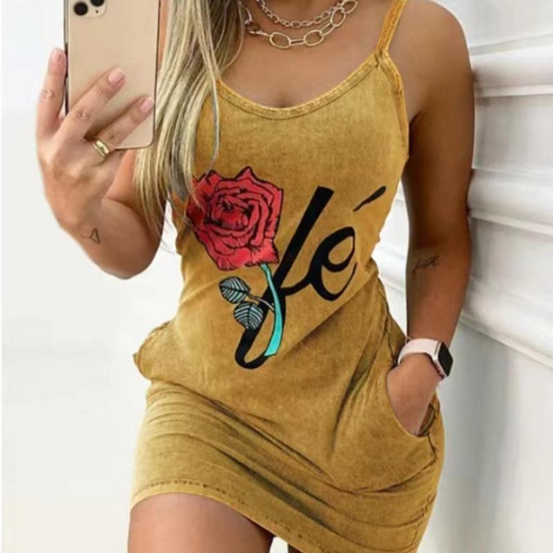 

Летнее Сексуальное Платье на Бретелях Женское Розовое Облегающее с Принтом Карманом Без Рукавов Бодикон Платье для Бедер Повседневное Платье Мини без Спины Вестидос 3XL хаки