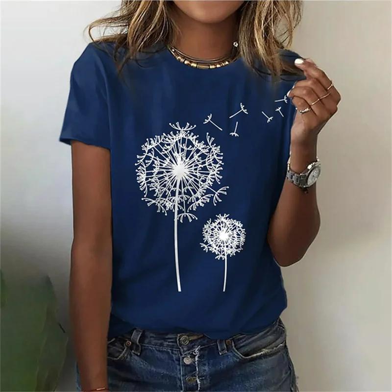 Women's fashion crew neck T-shirt, dandelion 3D printed T-shirt minimalist clothing short sleeve top outdoor casual novelty