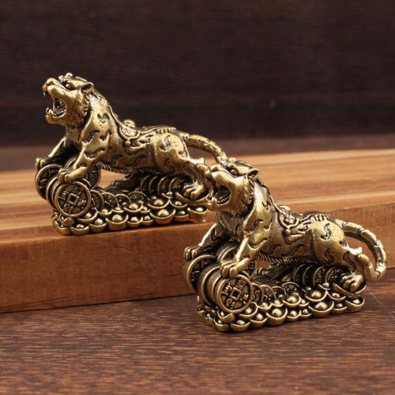 Antik Bakır Çin Kaplanı Minyatür Figürinler Süsler Pirinç Şanslı Masaüstü Dekorasyonları