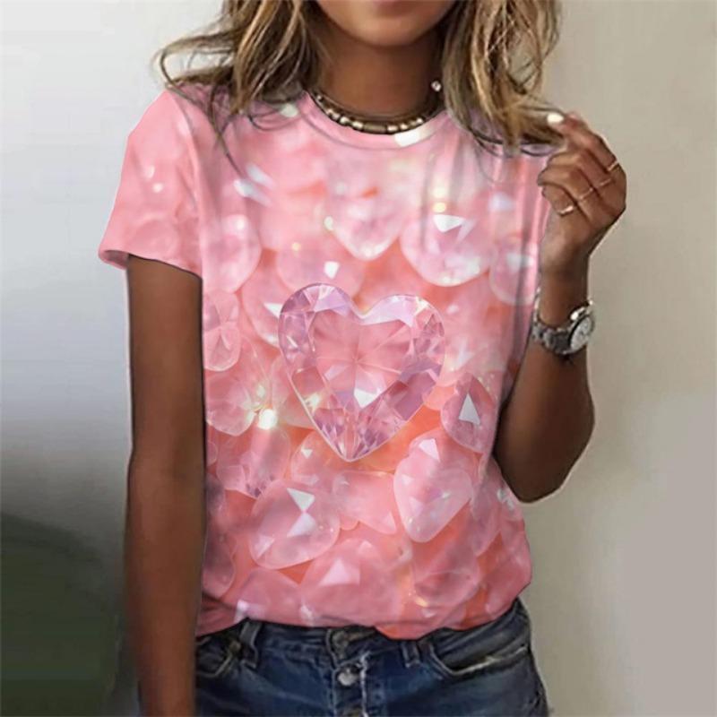 3D Printed Heart Love T Shirt For Women Colorful Glass Pattern Tees Summer Casual T-Shirts Round Neck Tops Loose Short Sleeves
