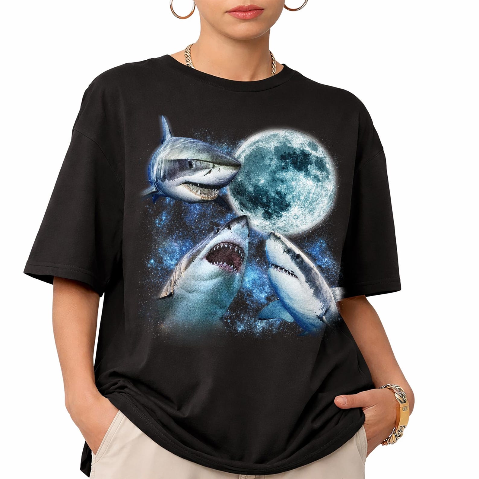 Shark Lover T-Shirt, Great White Shark Moon Tee, Three Sharks Comfort Colors Shirt, Ocean Animal Gift For Him, Funny Beach Sea Life Tee M
