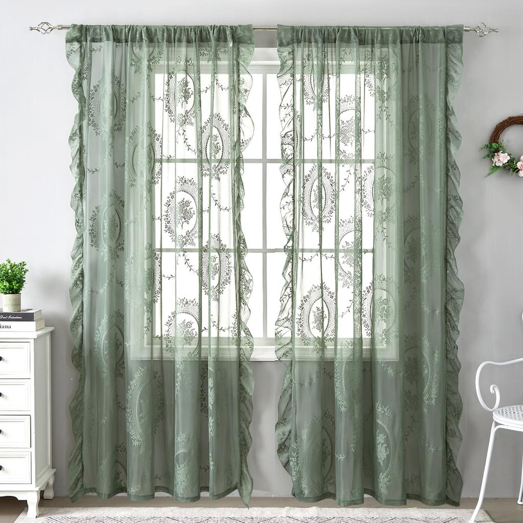 New French Style Round Mirror Floral Curtains Blackout Sheer Rod Lace Curtains Fabric No-Drill Finished Sheer Curtains
