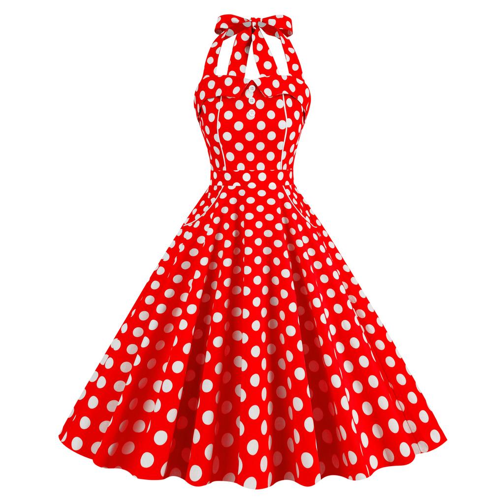 Retro colour-block polka dot halter-neck performance dress with tie-up detail – perfect for photo shoots, picnics and special occasions