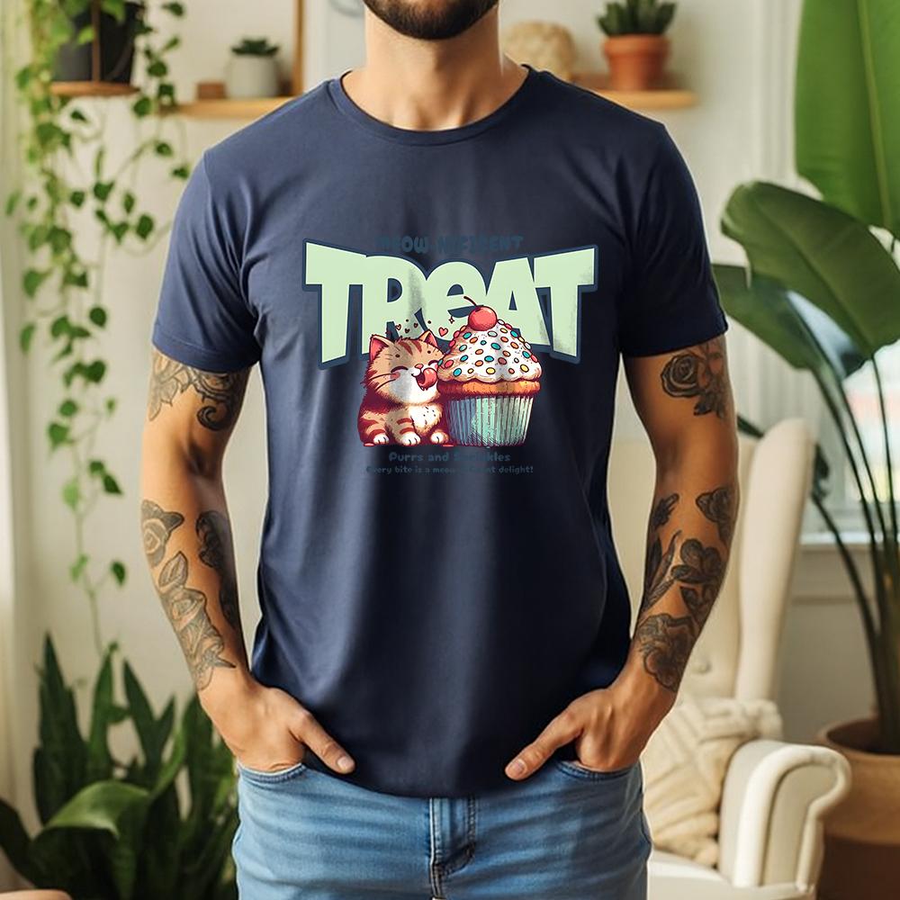 New Summer Unisexs 100 Cotton TShirt Retro Cat With Cupcake Casual Breathable Short Sleeve Daily Wear