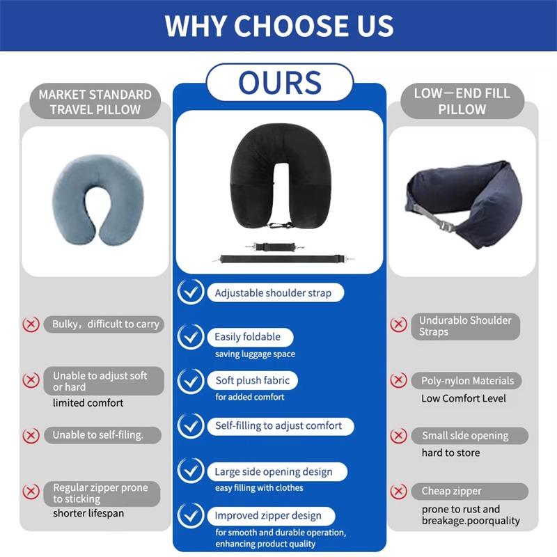 1PC Refillable Travel Trip Neck Pillow-Adjustable Memory Foam Pillowcase for Airplane Car & Home Portable with Storage Bag