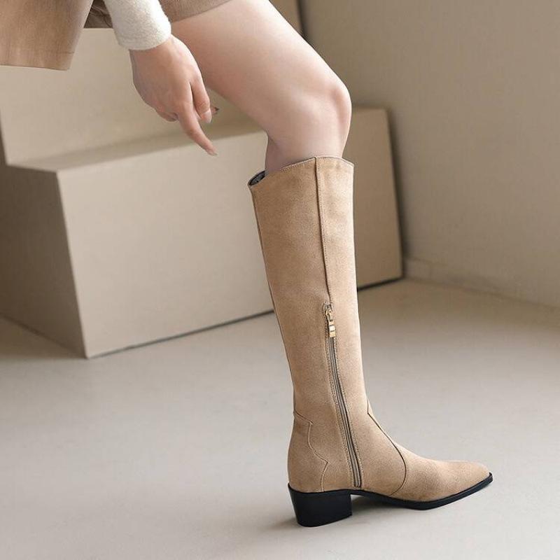 Höst- och vinter dammode stövlar med mellanhög klack enfärgade mellanhög klack spetsiga stor storlek damstövlar fyrkantig klack ny gummisula höga stövlar